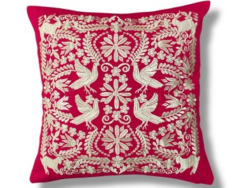Mexican Throw Pillow Floral Embroidered Pillow Mexico Style Decor Cushion Throw Pillow Embroidered Pink Floral Pillow Cover Otomi