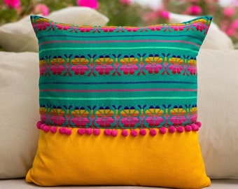 Mexican pillow cover with green embroidered cambaya and yellow Mexican cambaya decorated with personalized pompom in the color your choice