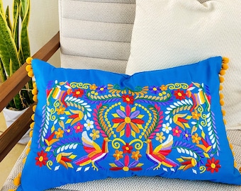 Mexican Lumbar Pillow Blue Embroidery Otomi Style Mexican Decor Bedroom Accent Sofa Cushion Decorative Handcrafted Floral Design Colorful