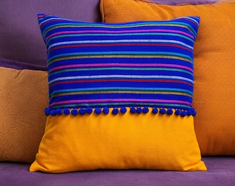 Mexican Cushion Cover Blue Yellow Pillow Studio High End 20x20 Navy Handwoven Design Traditional Handmade Decorative Textile Bohemian Home