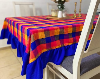 Ruffled Plaid Tablecloth Mexican Handmade Textile Boho Dining Decor Festive Table Covering Artisan Ruffle Decoration Handwoven Colorful