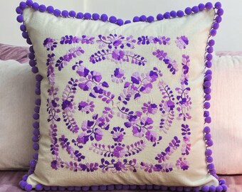 Mexican Embroidered Pillow Cover Bohemian Bedroom Decor Floral Design Ethnic Textile Handmade Cushion Purple Accent Living Room Decoration