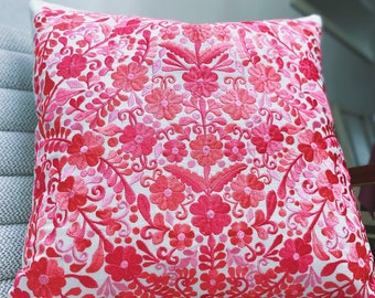 Mexican Pillow cover with coral flowers embroidery cushions perfect for decorating spaces with Mexican style and boho style and boho style