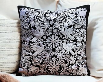Otomi Mexican Pillow Cover Black and White Embroidered Cushion Cover Handmade Decorative Throw Pillow Boho Ethnic Home Decor and Design