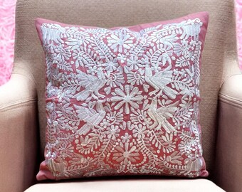 Embroidered Hummingbird Pillow Cover Handmade Mexican Textile Folk Art Cushion Pink Bird Home Decor Accent Sofa Decoration Bedroom Bohemian