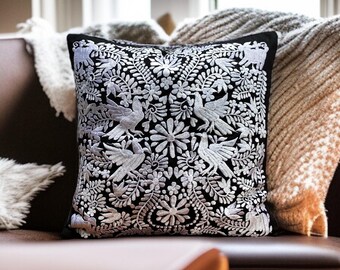 Mexican Otomi Embroidery Ethnic Pillow Black Fabric Handmade Manta Traditional Textile Art Cushion Cover Colorful Bohemian Home Decor Accent