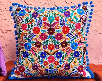 Mexican Embroidered Pillow Cover Floral Mexican Decor Boho Style Ethnic Cushion Colorful Design Handcraft Textile Bedroom Accent Sofa Cover