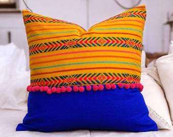 Mexican Pillow Cover Cambaya Fabric Yellow Blue Bedroom Decor Bohemian Style Ethnic Design Handmade Cushion Embroidered Textile Living Room