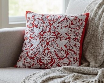 Otomi Pillow Cover Mexican Textile Bird Embroidery Folk Art Boho Decor Ethnic Home Accent Piece Handmade Cushion Red Fabric Floral Design