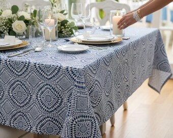 Organic Cotton Tablecloth Blue White Medallion Design Table Cover Dining Room Wedding Reception Decoration Elegant Setting Handmade Tassel