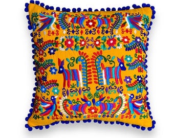 Funda de almohada Otomí mexicano Bordado Azul Rey Regalo para ella Fundas de Cojín Pájaro Estilo Mexicano Decoración Juegos de Cojín Fundas
