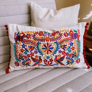 Lumbar Pillow Cover with Mexican Embroidery and Pom Poms, Otomi, Mexican Cushion, Decorative Pillows, Mexican Decoration, Mexican Style