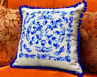 Mexican Embroidered Pillow Cover Handmade Cotton Blue Flower Cushion Mexican Style Boho Decoration Living Room Accent Piece Folk Art Textile