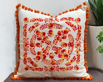 Mexican Embroidered Pillow Cover Cotton Boho Cushion Orange Floral Bedroom Decor Living Room Accent Piece Handcrafted Textile Vibrant Design