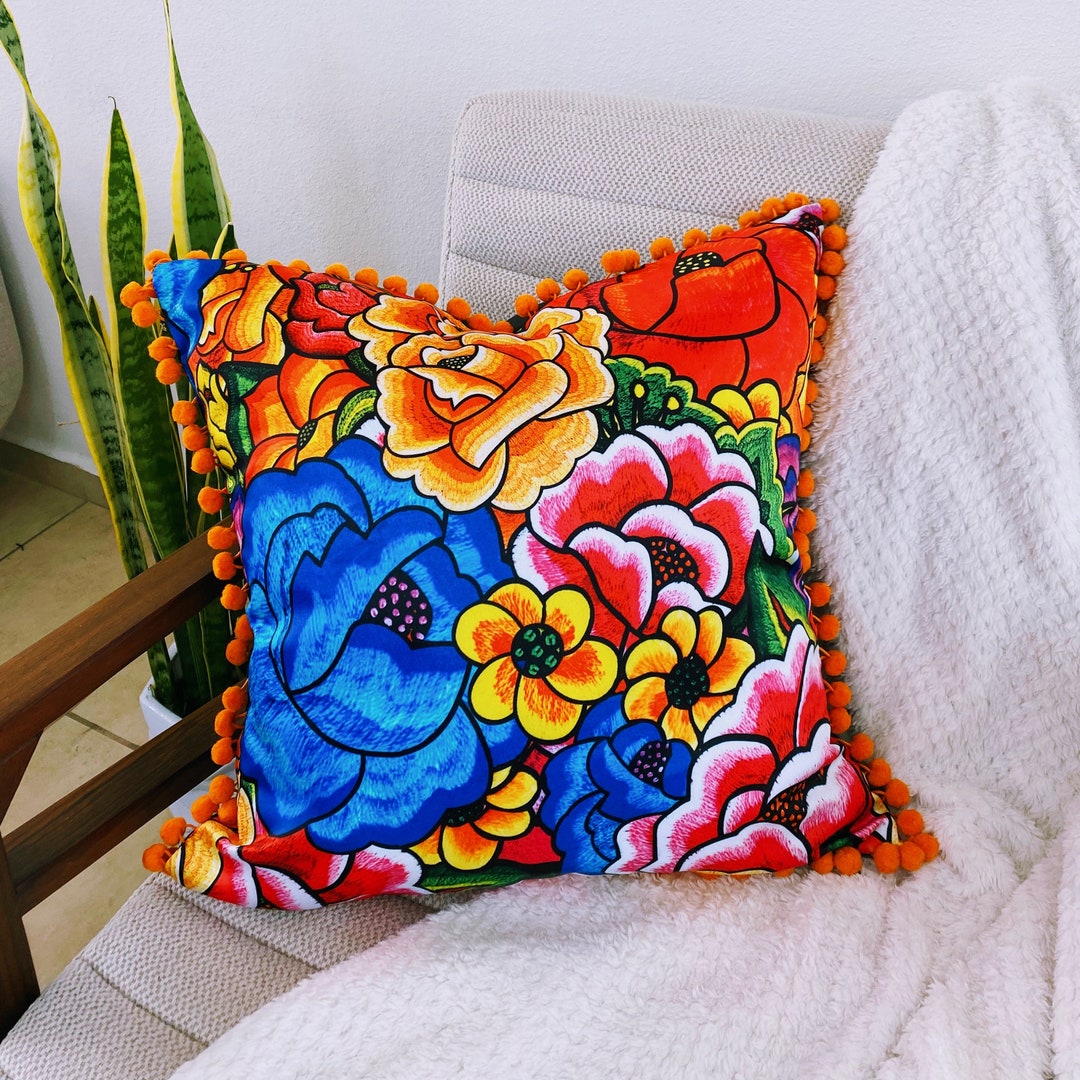 Mexican Oaxaca Pillow Cover With Flowers Decorative Oaxacan Pillows Mexican Decor Colorful