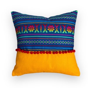 Mexican Blue and Yellow pillow cover with colorful Mexican cambaya fabric embroidered with pompom personalized in the color of your choice