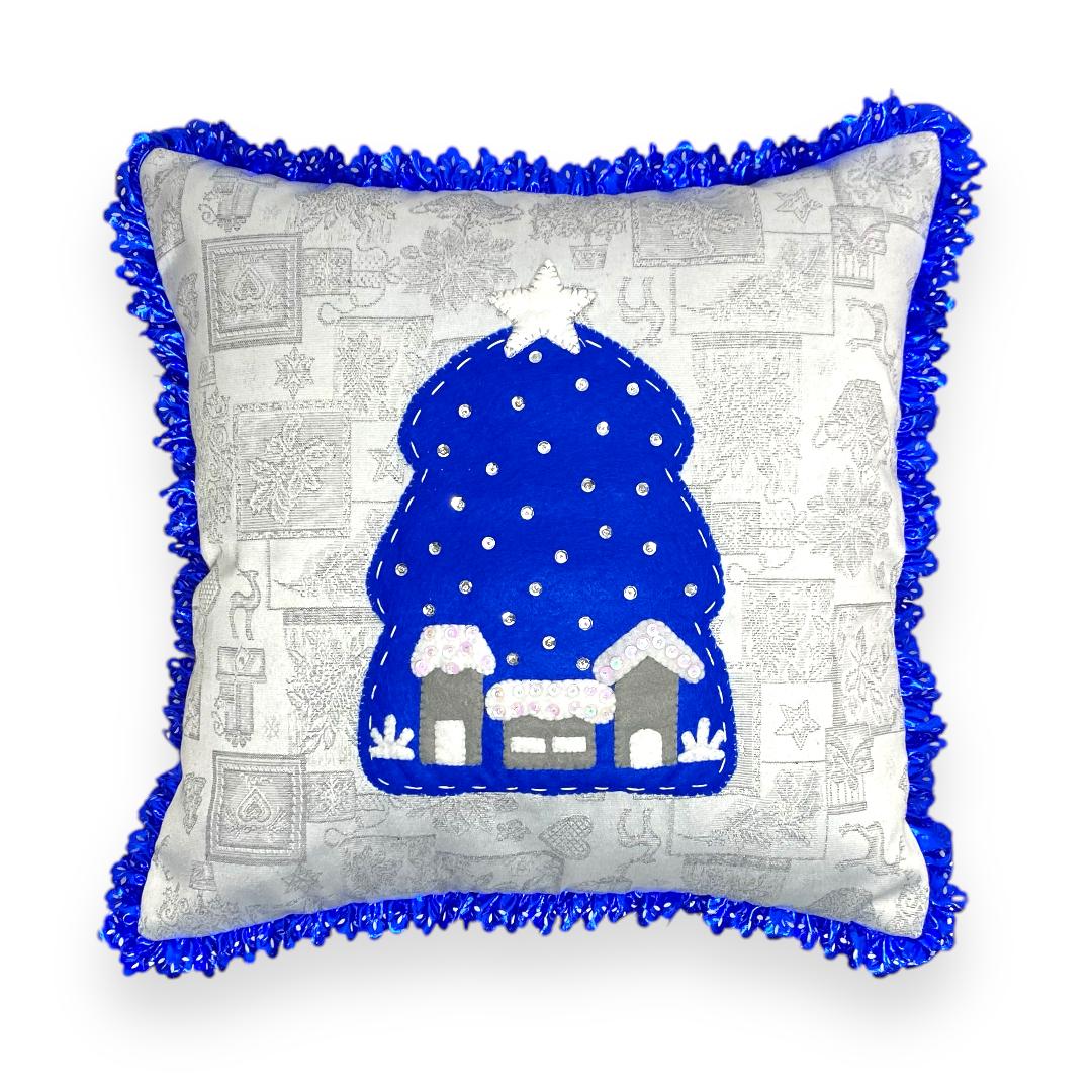 Christmas pillow Cover | Blue Tree Embroidered with Sequins | Silver | Handmade Christmas pillow | Felt & Lace | Perfect Gift | Mexican Xmas