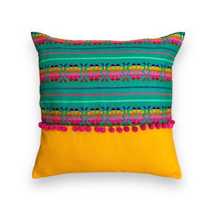 Mexican pillow cover with green embroidered cambaya and yellow Mexican cambaya decorated with personalized pompom in the color your choice