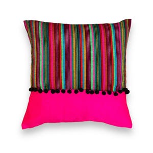 Mexican pink and black striped pillow cover with colors, made of Mexican cambaya fabric with personalized pompom in the color of your choice