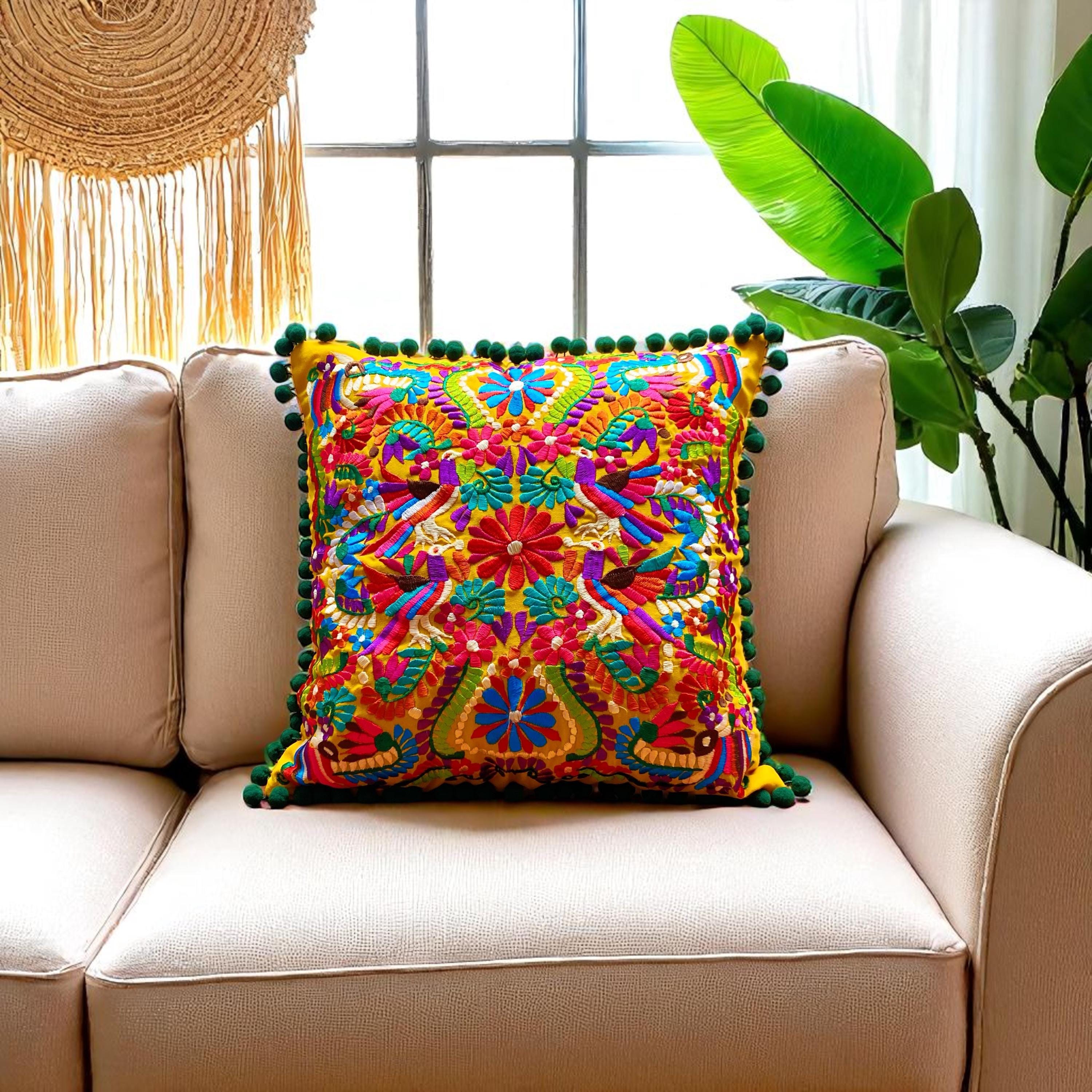 Colorful Mexican Embroidered Pillow Cover – Otomi Style Cushion, Floral Throw Pillow, Handmade Boho Decor, Sofa or Bed Accent, Custom Size