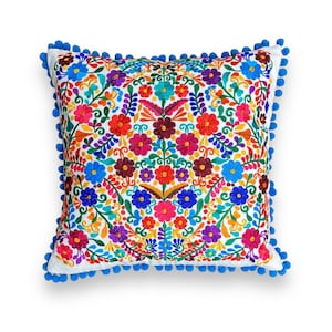 Mexican Pillow cover with embroidered flowers colorful sofa cushions cover perfect for decorating spaces with Mexican style and boho style.