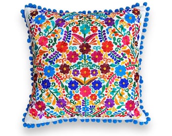 Mexican Pillow cover with embroidered flowers colorful sofa cushions cover perfect for decorating spaces with Mexican style and boho style.