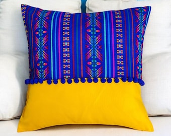 Mexican Pillow Cover Royal Blue & Yellow | Colorful Cambaya Fabric | Pom Pom Custom Color | Decorative Cushion | Handmade in Mexico