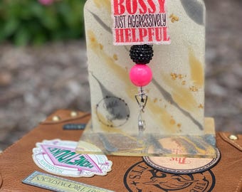 Not Bossy Just Aggressively Helpful - Funny Badge - Bossy -Sarcastic Badge Reel - Sarcasm - Humorous Badge Reel - Glitter Badge Reel - Badge