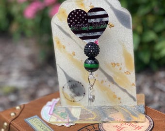 Military Wife - Military Mom - Military Spouse - Thin Green Line - Military - Military Badge Reel - Heart - Glitter Badge Reel - Badge Reel