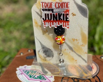 True Crime Junkie, True Crime, True Crime Badge Reel, True Crime Junkie Badge Reel, Custom Badge Reel, Glitter Badge Reel