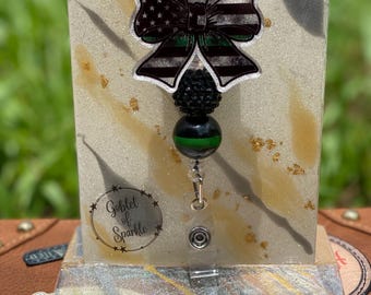 Military Wife - Military Mom - Thin Green Line - Bow - Military Badge Reel - Military - Military Spouse - Glitter Badge Reel - Badge Reel