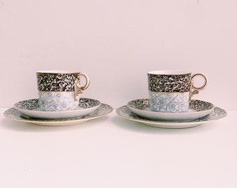 Gold Trimmed Vintage Tea Cups - Brown and Blue Floral Pattern by Royal Worcester 1800s