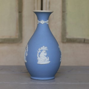 Vintage Wedgwood Blue Jasperware Vase | "Poor Maria" Relief, 5-Inch