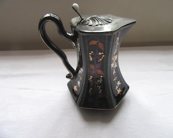 アンティーク ジャックフィールド 黒釉陶器 水差し：ピューター蓋付き