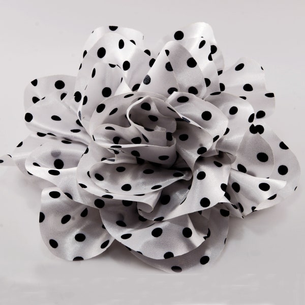 5-1/2 inches Large White Fabric Flower With Black Polka Dot