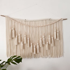 Neutral Cream Textured Wall Hanging / Tapestry with Beads and Tassels