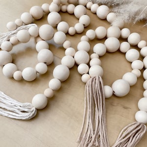 Extra Chunky Natural Wooden Bead Garland / Table Beads / Mantel Beads / Bead String / Tassel Ended Beads / Extra Large