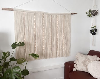 Neutral Cream Wall Hanging / Tapestry with wooden bead and tassel accents