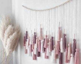 Pink and Neutrals Tassel Wall Hanging: Boho Nursery Decor with Wooden Beads