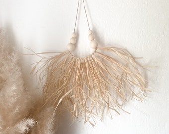 Raffia Hanging with Natural Wooden Bead Accents // Modern Boho Decor