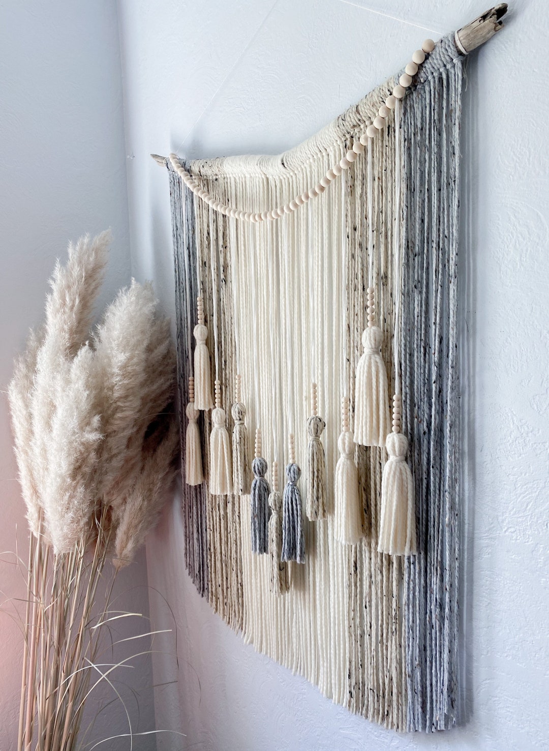 Neutral Textured Wall Hanging / Tapestry With Beads and Tassels - Etsy UK