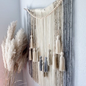 Neutral Textured Wall Hanging / Tapestry with Beads and Tassels