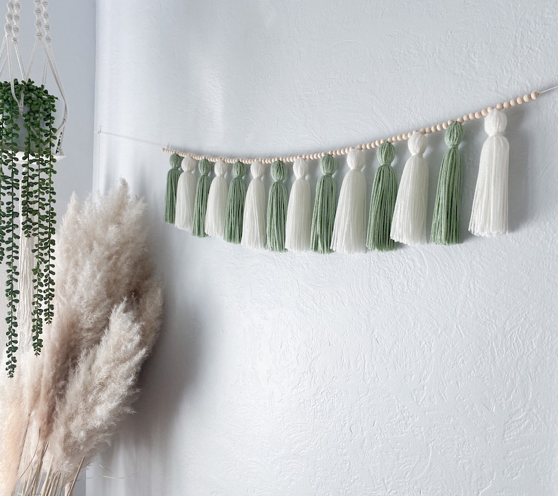 Sage Green Cream Tassel Garland image 4