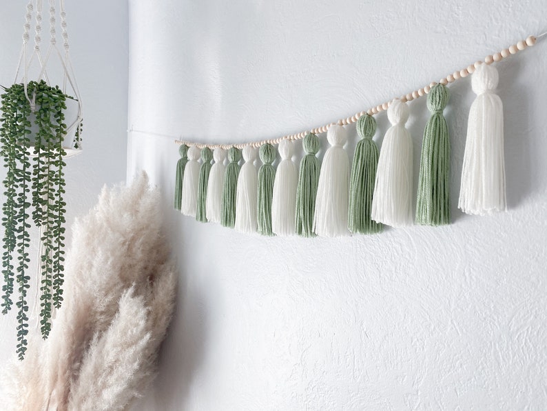 Sage Green Cream Tassel Garland image 1