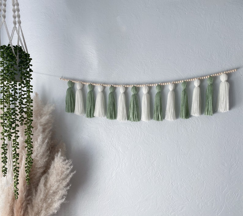 Sage Green Cream Tassel Garland image 3