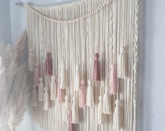 Neutral Cream with Hints of a Pink Textured Wall Hanging / Tapestry with Beads and Tassels