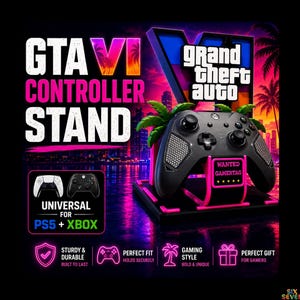 May include: A black gaming controller stand featuring a neon pink and blue aesthetic with palm tree accents. The stand displays the text GTA VI CONTROLLER STAND, GRAND THEFT AUTO, and WANTED GAMERTAG. It is compatible with PS5 and Xbox controllers.