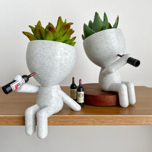 Wine Lovers Gift Idea, Wine Bar Decor, People Planter Wine Bottle, Boho Decor, Shelf Decor, Succulent Planter, Cute Planter Wine O&#39;clock