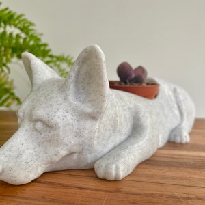 May include: White ceramic planter shaped like a dog, lying down with its head resting on the ground. The planter has a speckled texture and a small hole in the back for drainage. A small succulent plant is growing in the planter.