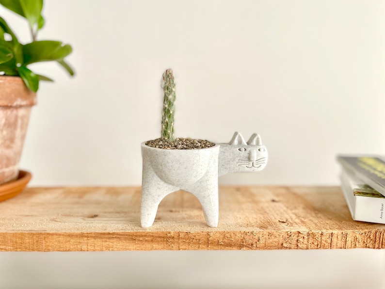 Cat Planter, Cat Cactus Planter, Cat Succulent Planter, Cat Gift Idea, Minimalist Decor, Boho, Cat Plant Pot, Cat Decor Grey Marble